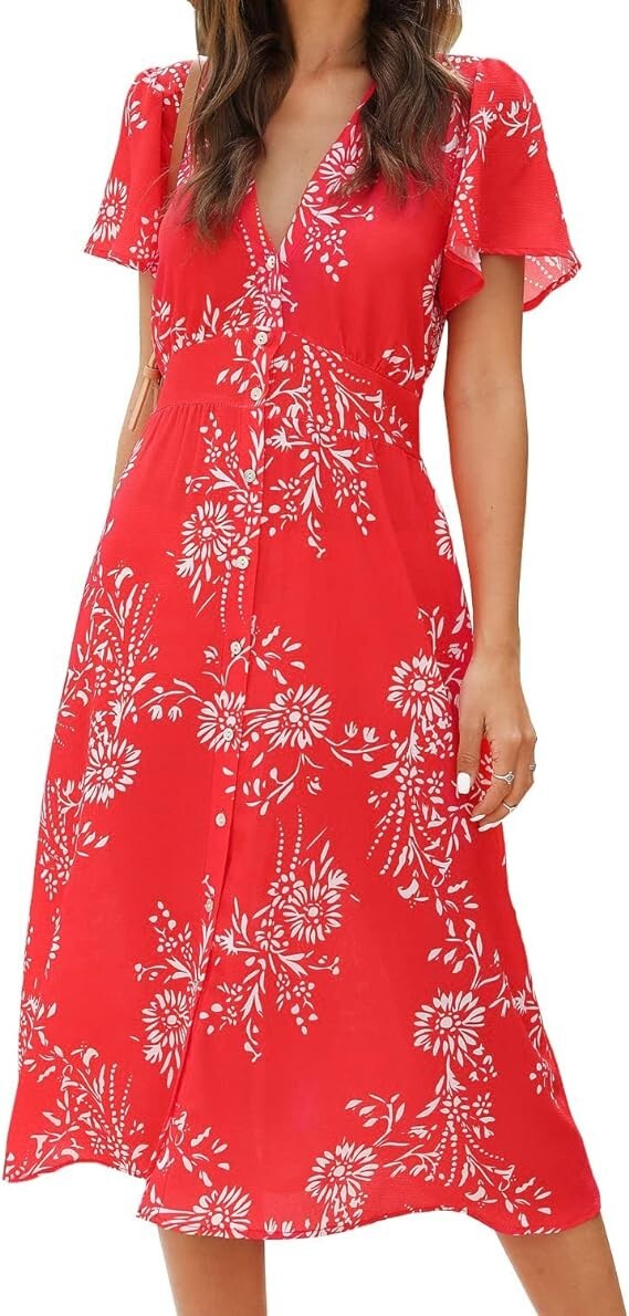 ROYLAMP Women’s Red Floral Button Up Deep V Short Bell Sleeve Split Dress Size L