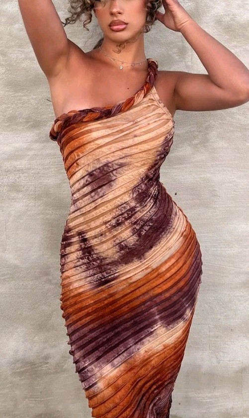 Fashion Nova One-Shoulder Tie-Dye Ruffle Bodycon Maxi Dress Stretch S