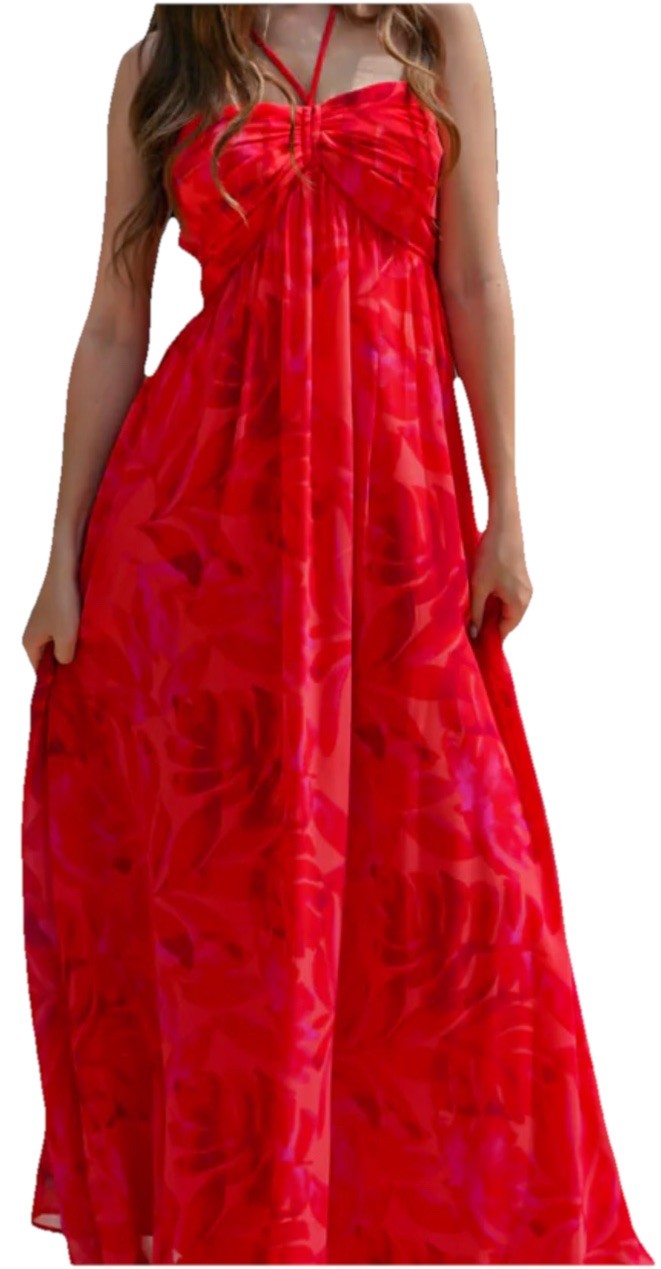 Dress Forum Red Tropical Print Straps Adjustable Maxi Dress Size M
