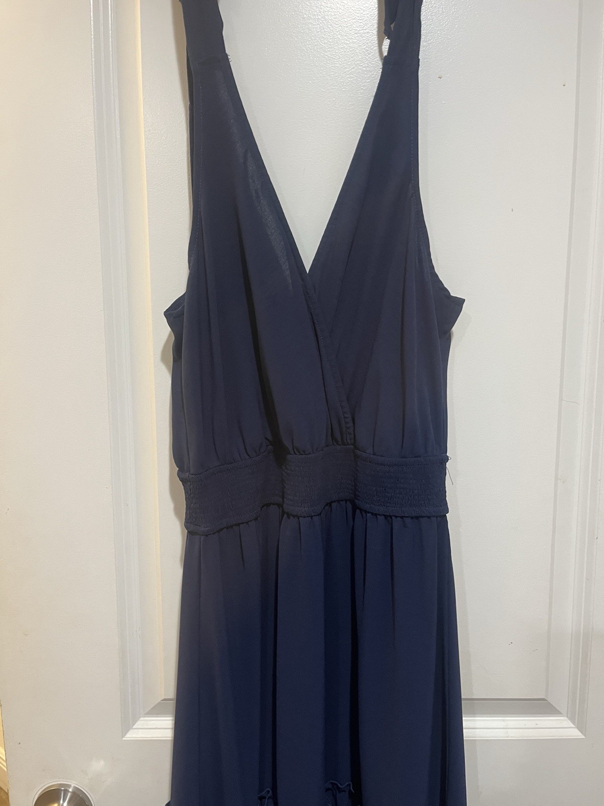 PRETTYGARDEN Solid Blue Smocked V-Neck Tie Strap Maxi Dress, Size M