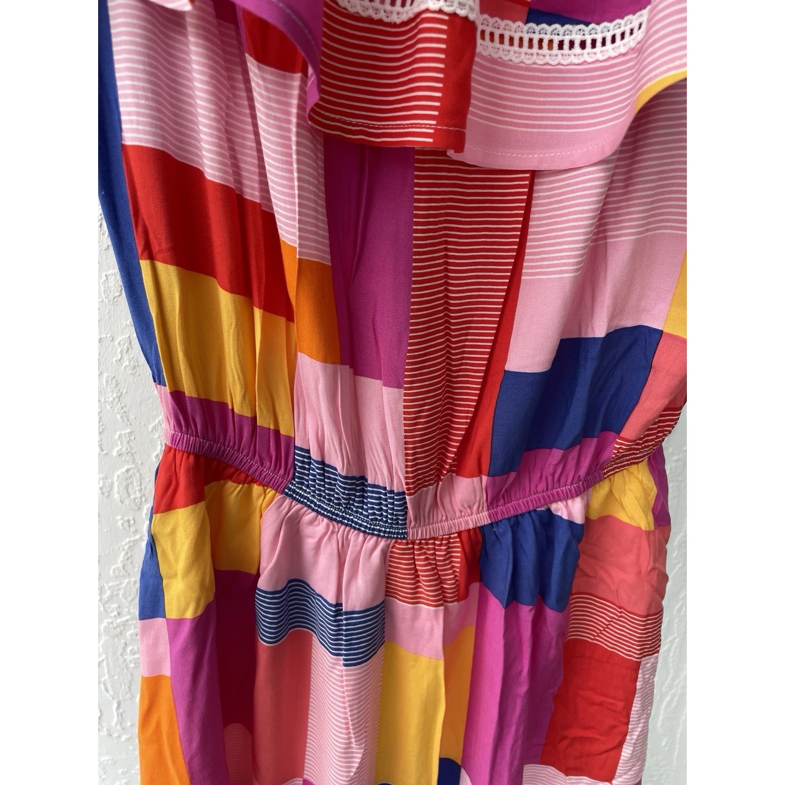 Emily Wonder Womens Multicolor Patchwork Off Shoulder Ruffle Mini Dress NWT M