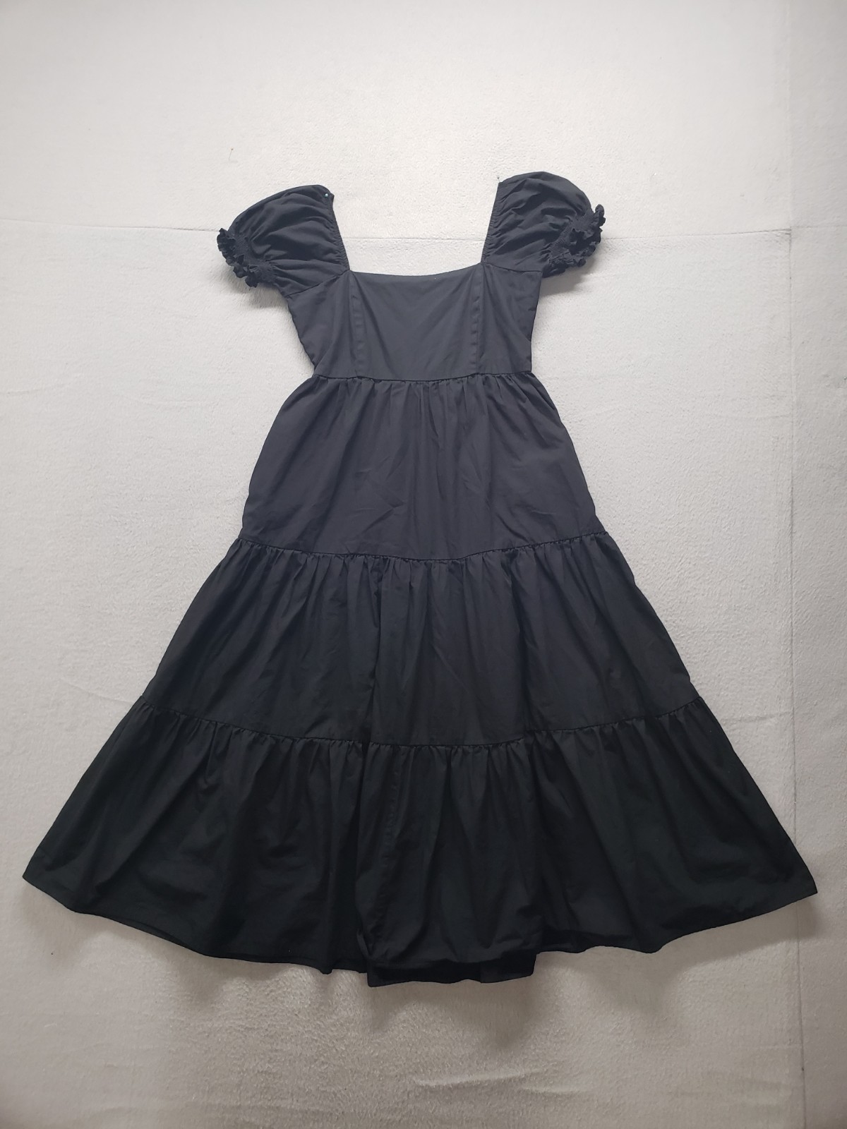 OPT Women Midi Dress XS Black Puff Sleeve Square Neck Tiered Ruffle Summer Boho