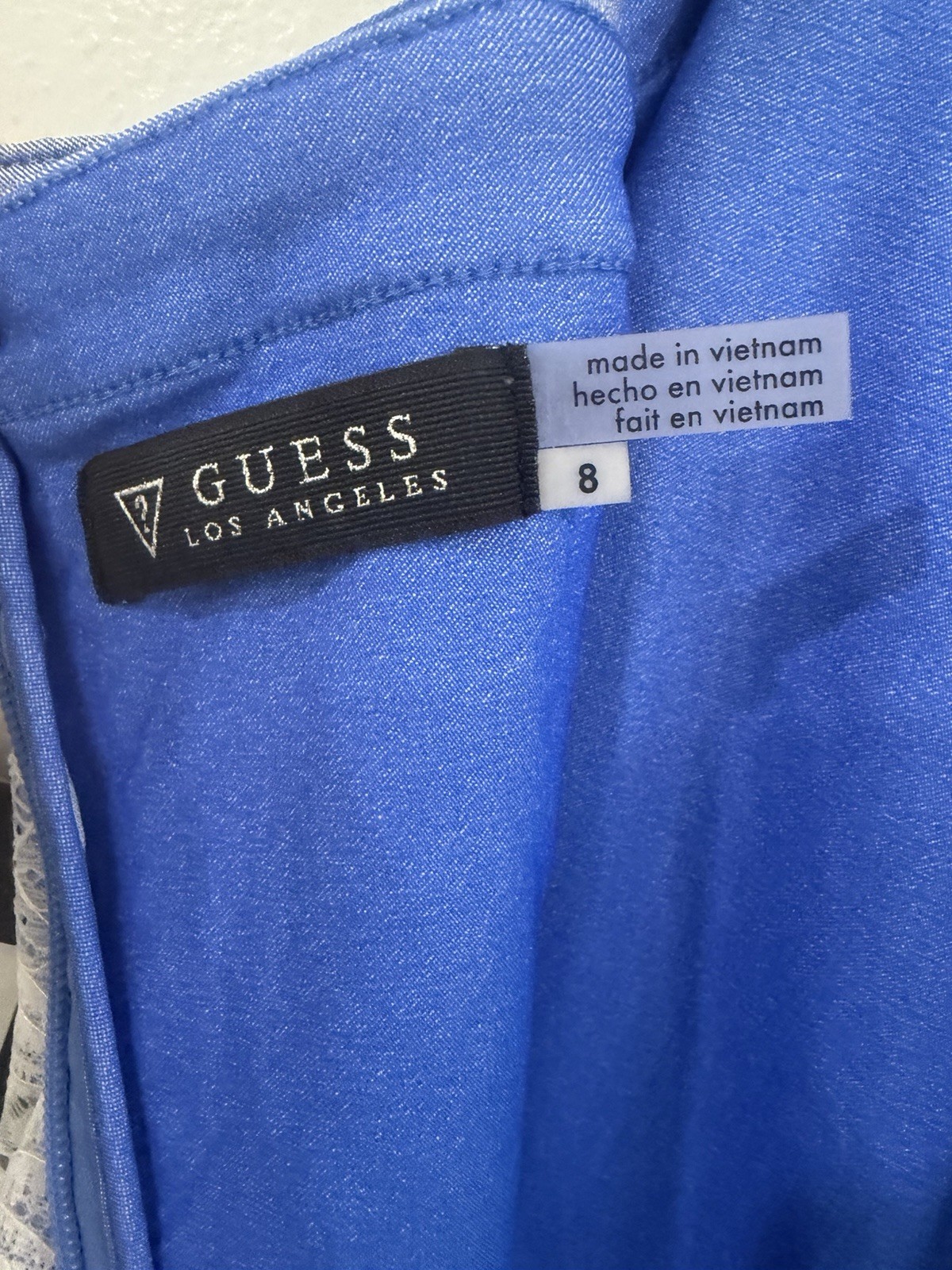 GUESS Blue & White Floral Lace Sheath Dress Square Neck Spaghetti Straps 8