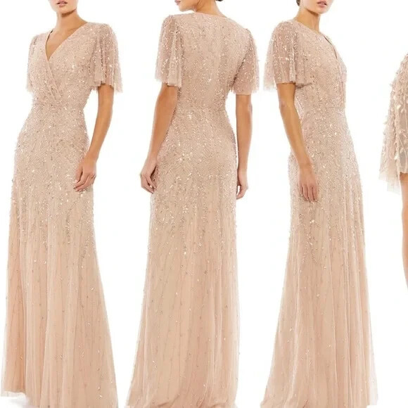 Mac Duggal Nude Beaded Leaves Butterfly Sleeve Gown Size 22 $698