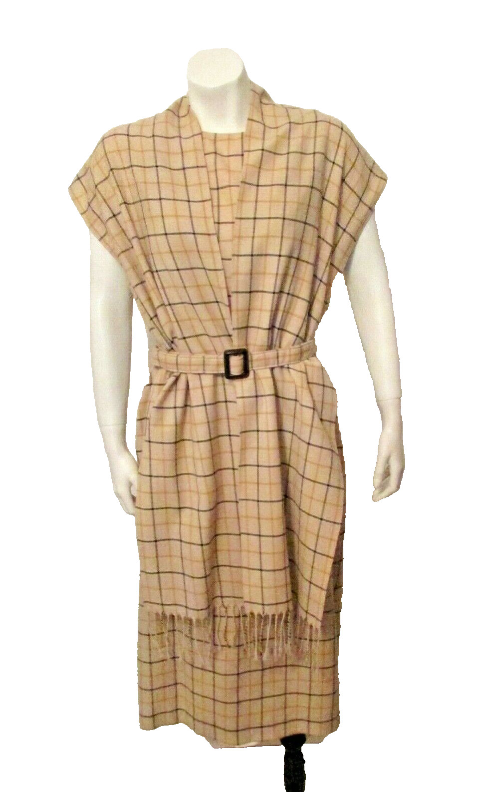 $2690 Carolina Herrera Italy Grey Plaid Attached Fringed Scarf Belted Dress 10