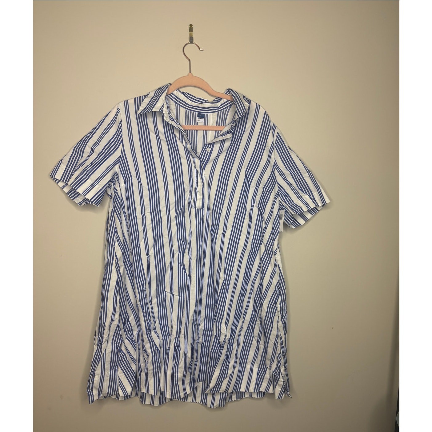 Old Navy White Blue Striped Cotton Short Sleeve Swing Shirt Dress Size XL NWT