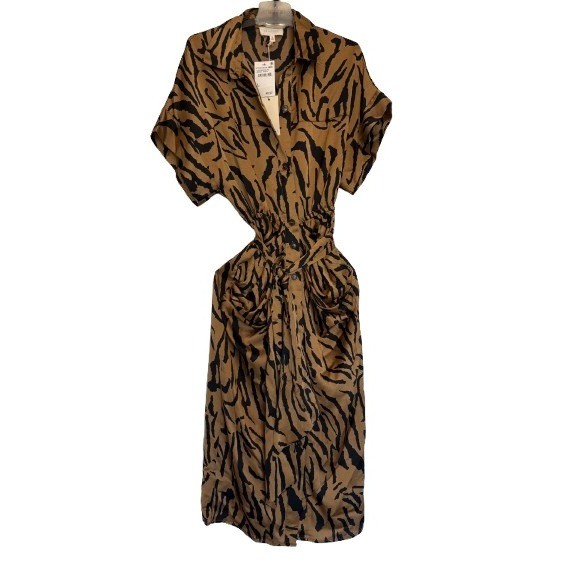 Melloday Womens Animal Print Shirt Dress Tan Black Tiger Stripe Midi Small NEW
