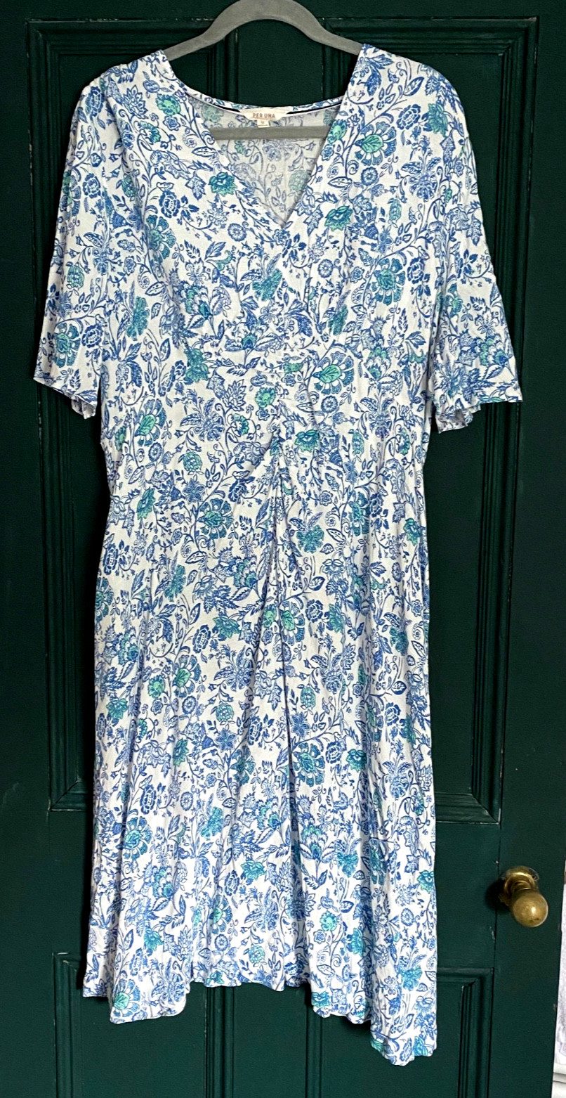 Per Una Size 16 Regular White Blue Print Short Sleeve Summer 44″ Midi DRES
