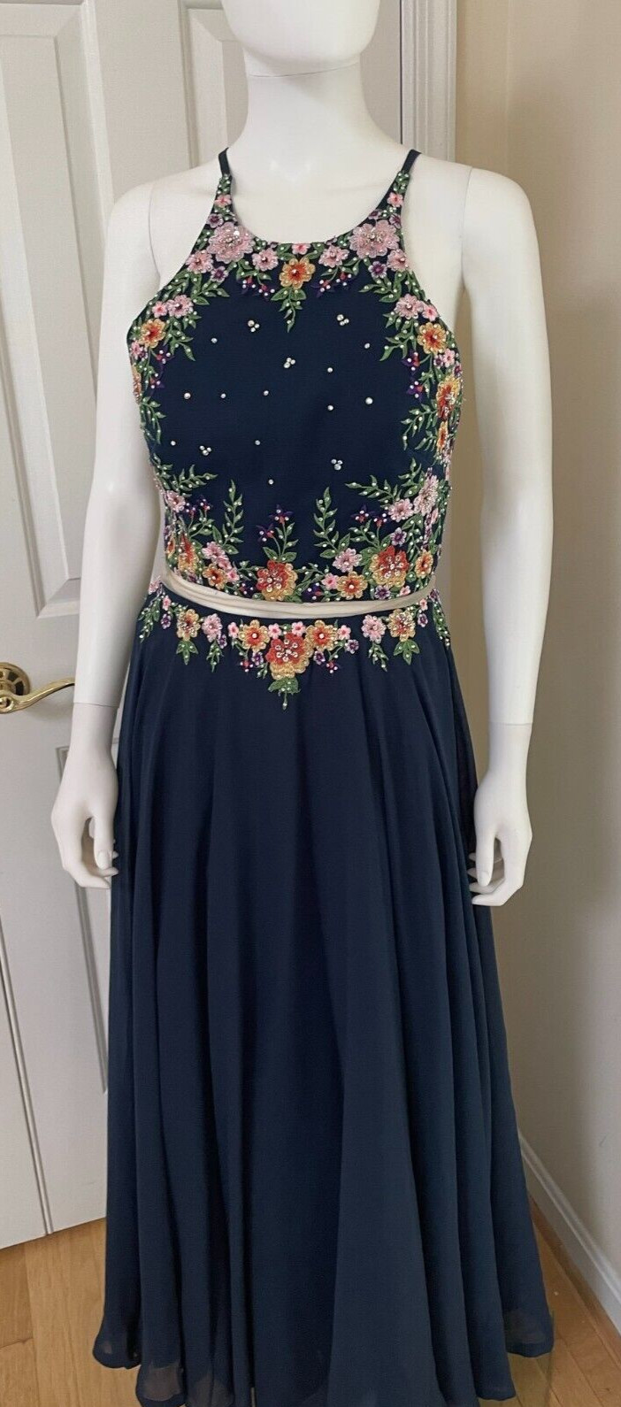 Tiffany Designs Embroidered Flower Floral Gown Dress Navy Size 6