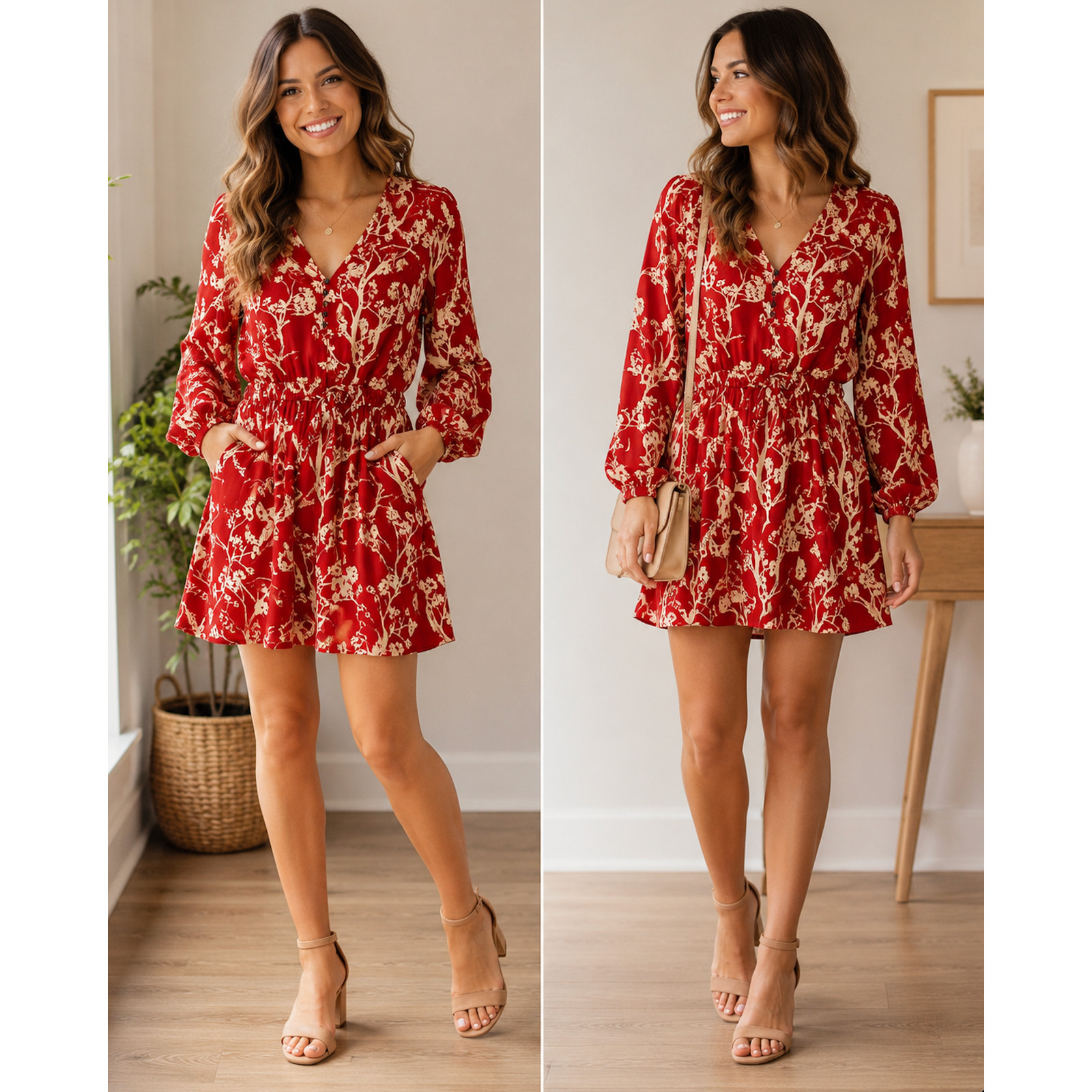 MNG by Mango Red Floral Long Sleeve Drawstring Waist Dress – US Size 10