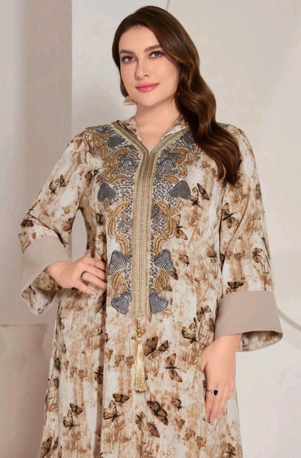 Toleen Butterfly Pullover KAFTAN Embroidered Rhinestone V-Neck Hooded Womens 1XL