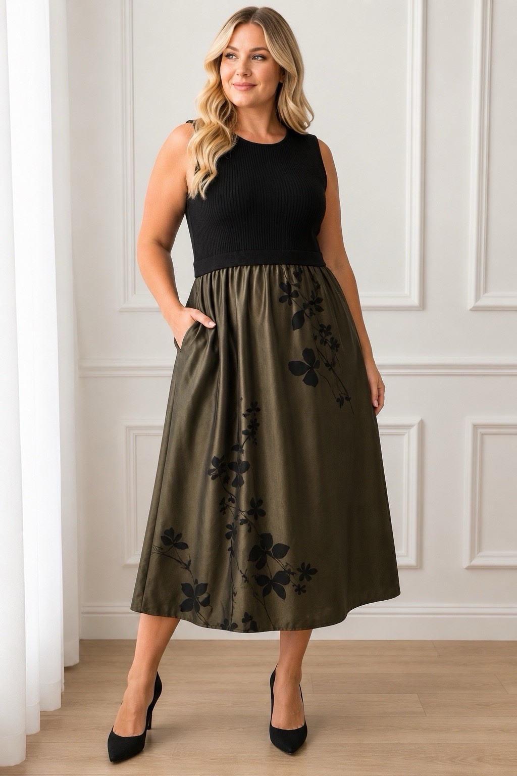 Taylor XL Mixed Media Midi Dress Black Knit Dark Olive Floral Pockets Sleeveless