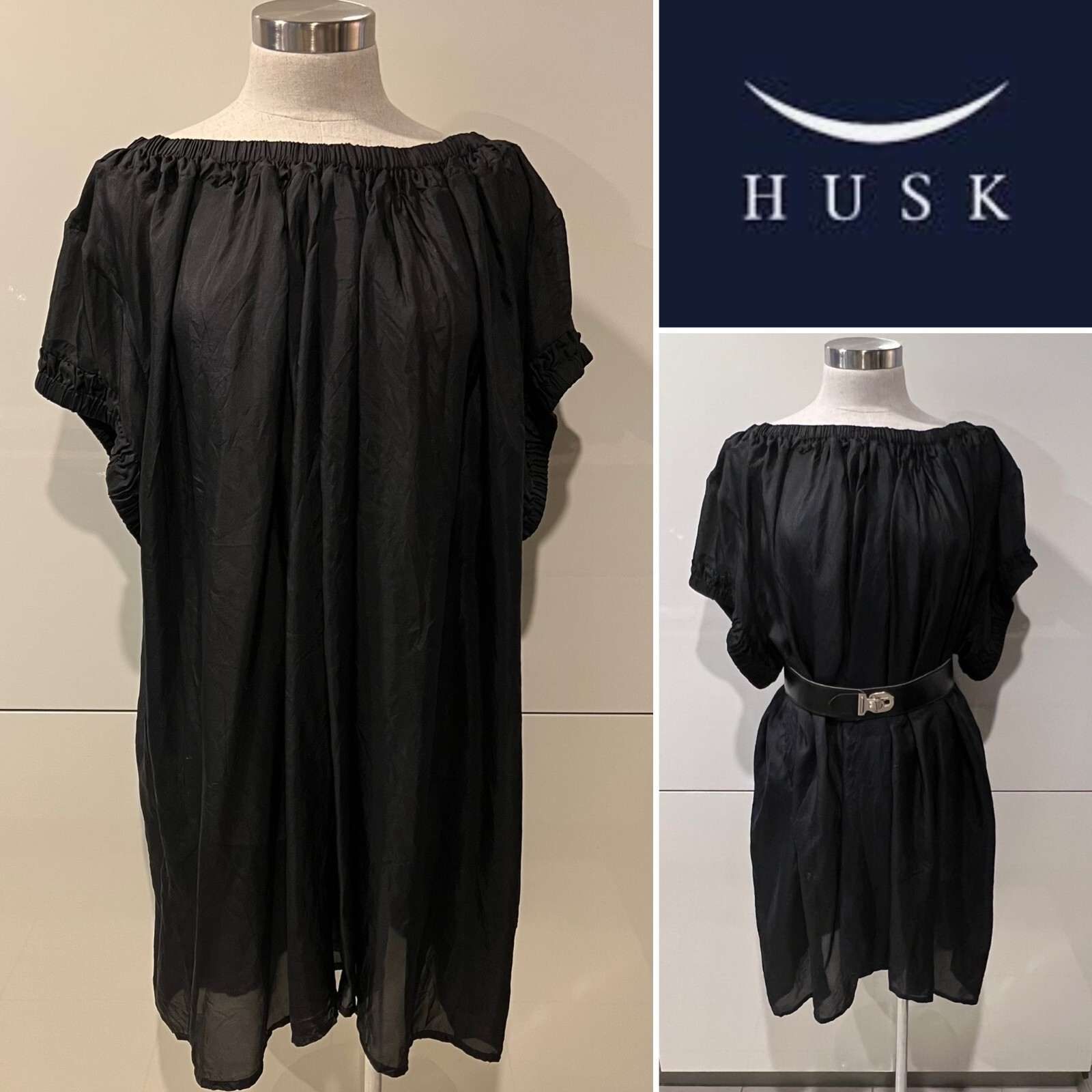 HUSK $549 Black Silk Crepe de Chine Elastic Gather Neck & Sleeve O/S Dress SM