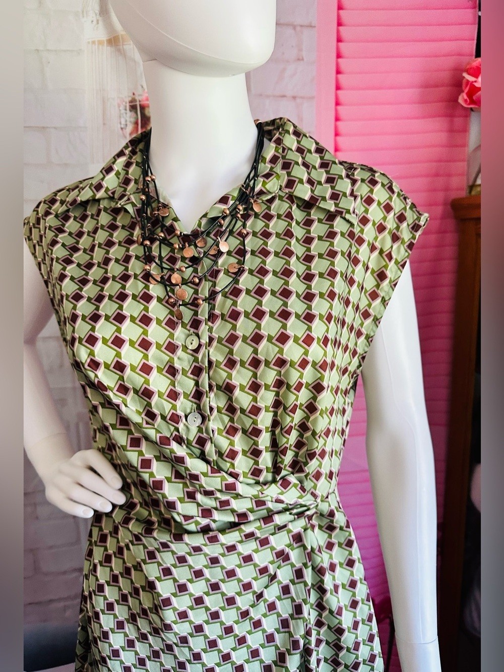 Mango Retro Green & Brown Geometric Mini Dress