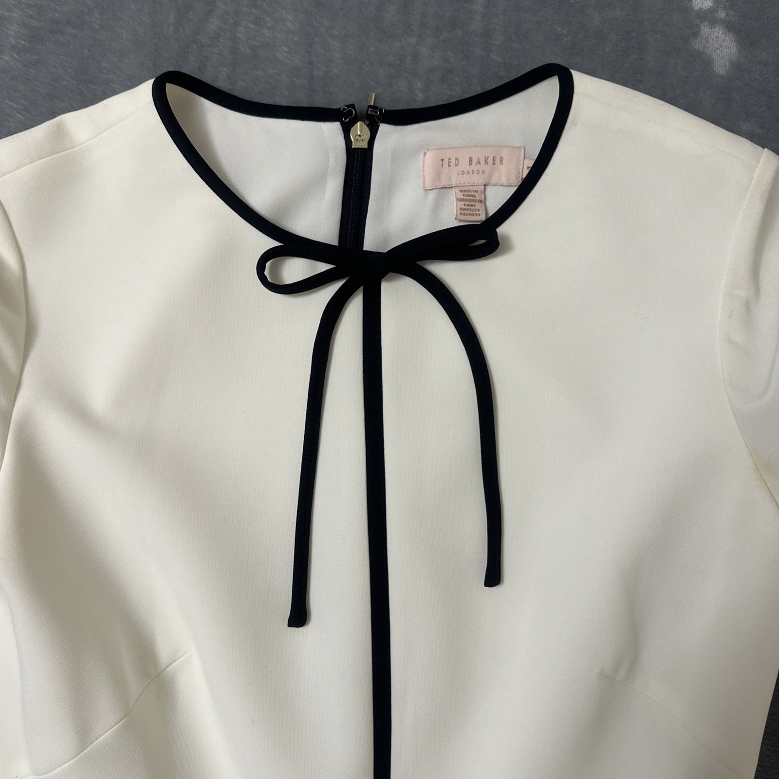 Ted Baker Loozy Neck-Tie Woven Skater Dress Cream Navy Size 1 – UK 8 US 4