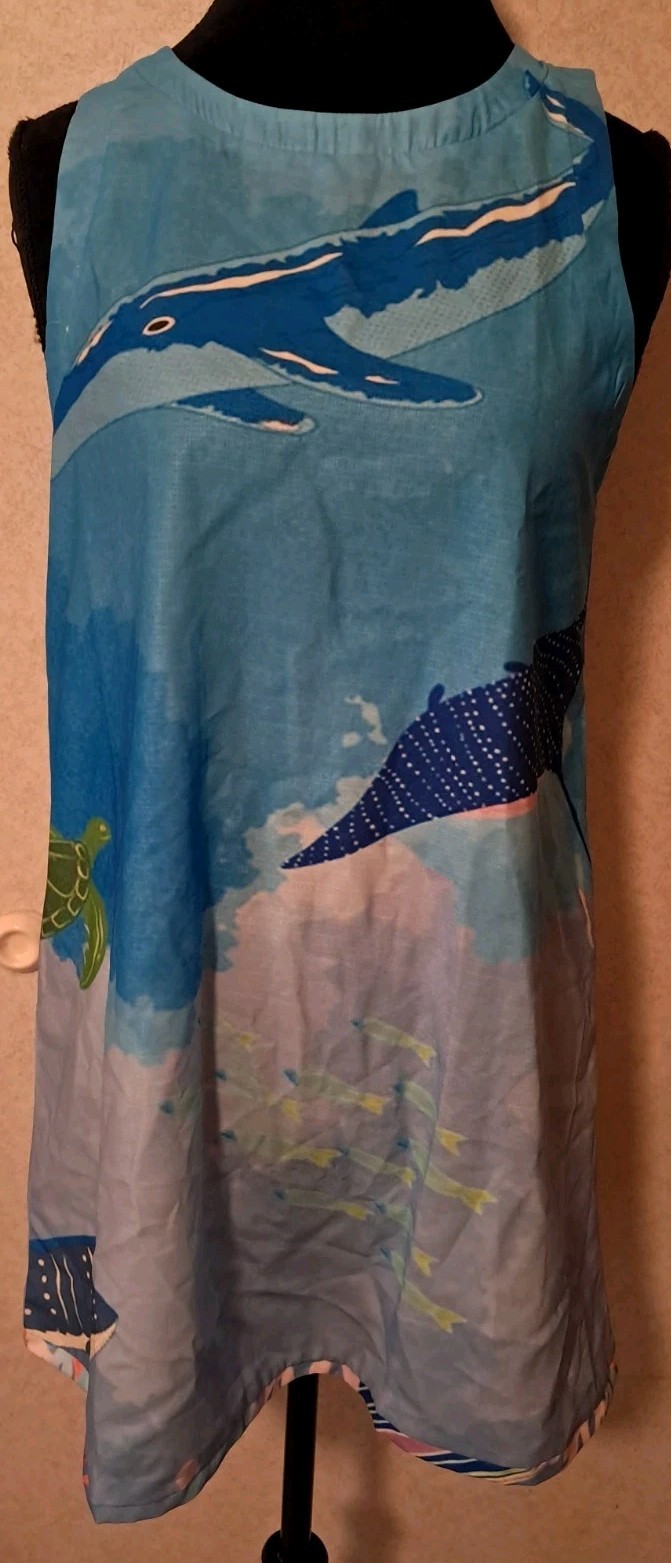 RARE Nice to Meet You Sz L Dress Colorful Fish Whale Turtle Art Vacation Beach