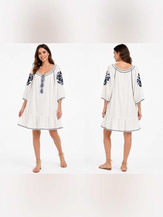 Max Studio London Embroidered Boho Dress XL White Blue Floral Tassel NWT Peasant