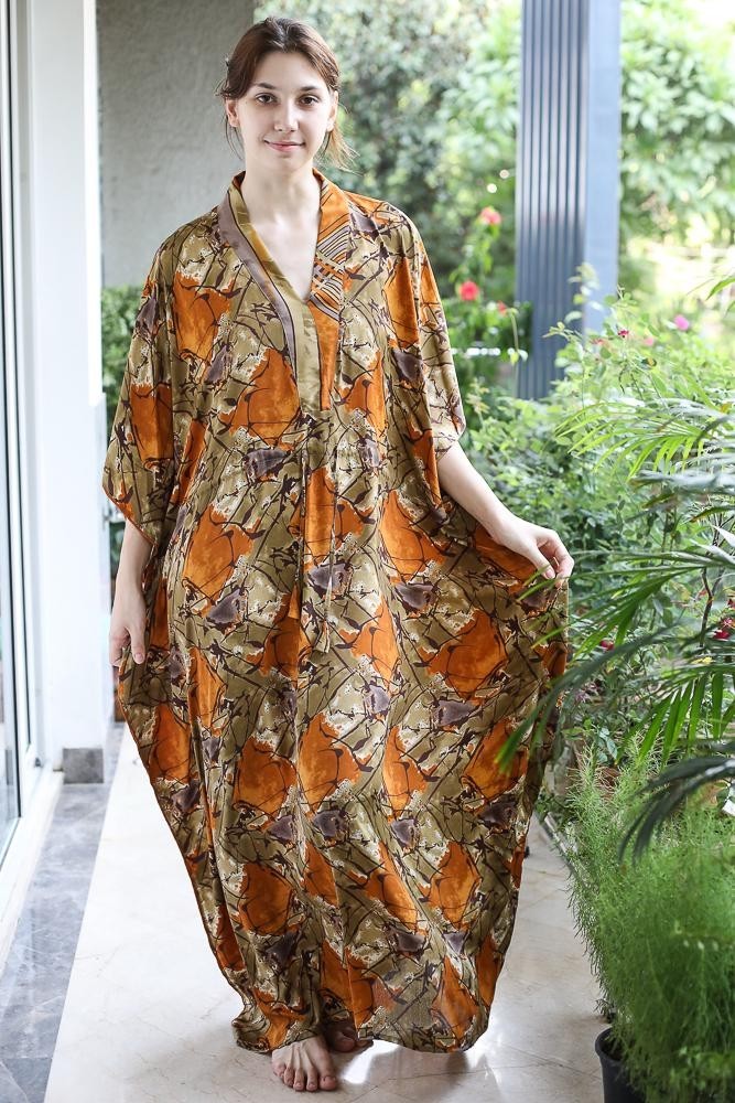 Silk Green Kaftan / Handmade Flowy Maxi Dress / Resort Wear Outfit PS MFN1024