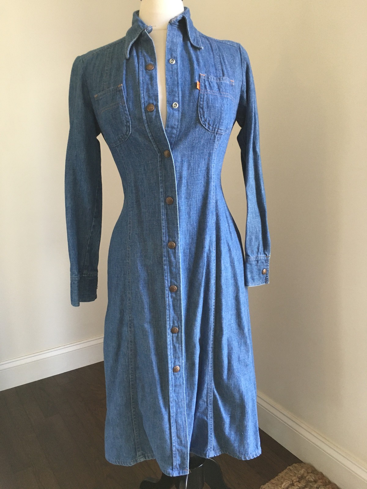 Vintage Levi’s Denim Womens M 9/10 Shirt Dress Western Cowgirl Blue Orange Tab