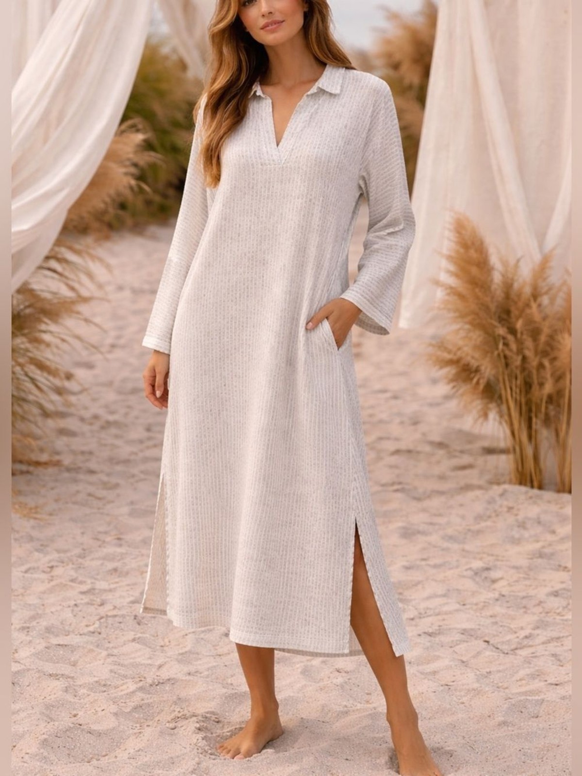 Free People Beach White Gray Stripe Midi Dress Kaftan Swim Cover Pockets large