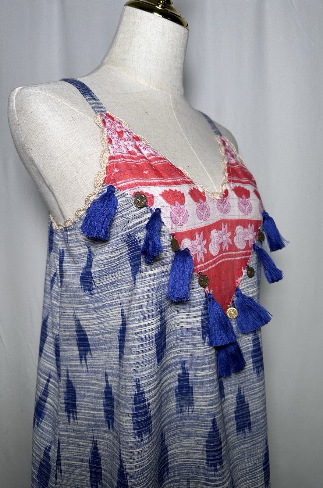 THML Shift Slip On Dress Large Cotton Spaghetti Boho Festival Hippie Tassells