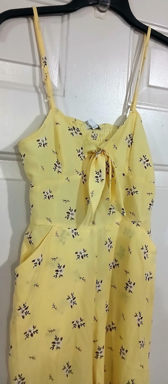 Love Fire Women’s Medium Jumpsuit Yellow Floral Open Leg Slit Side Smocked