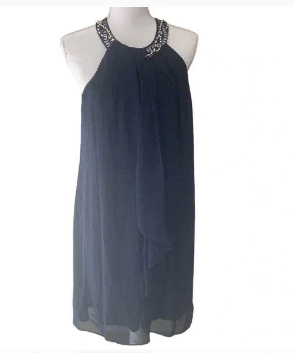 SLNY Ignite Evenings Beaded Braid Halter Neck Chiffon Ruffle Dress Size 8 NWOT