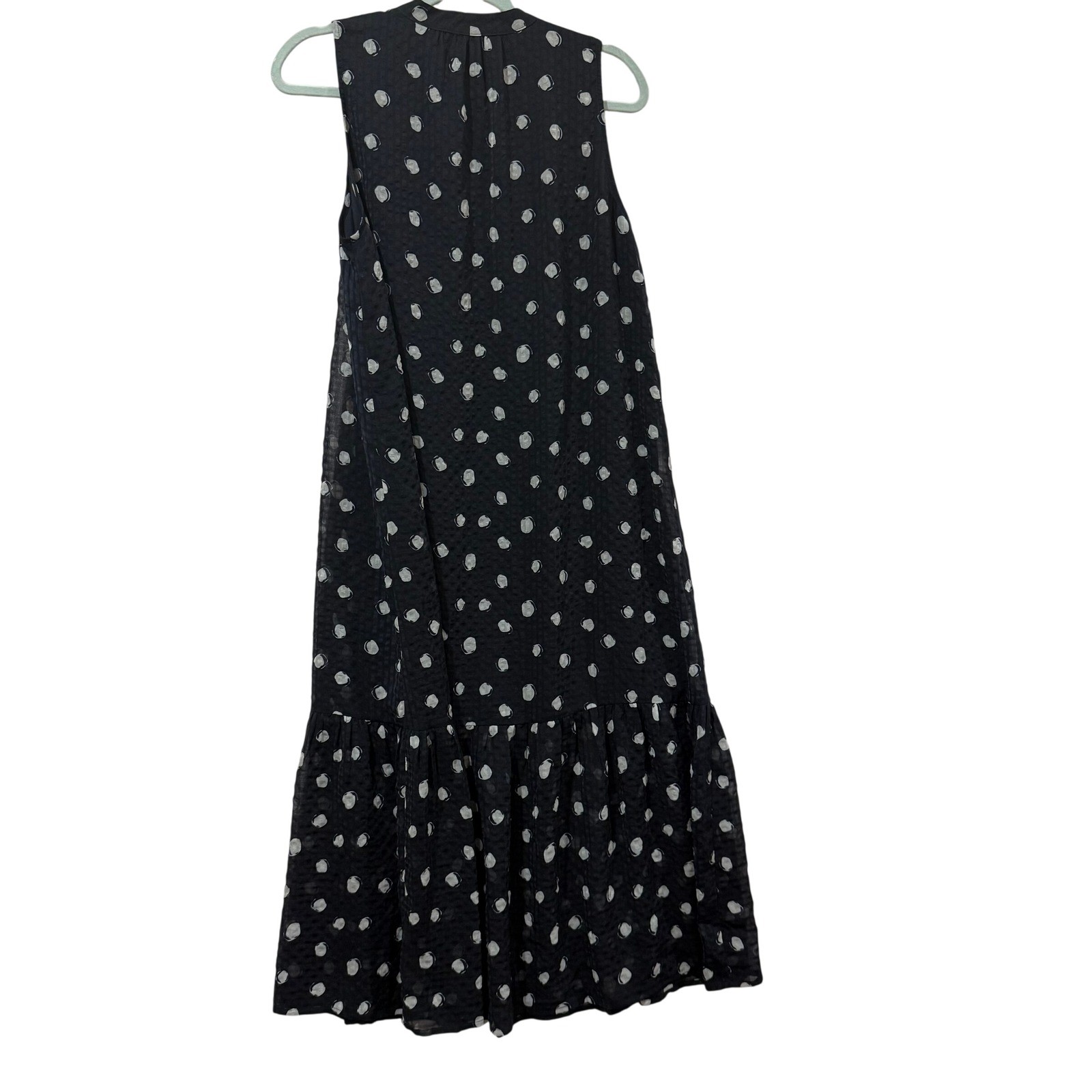 Doe and Rae Navy Polka Dot Tie Neck Sleeveless Tiered Midi Dress Small