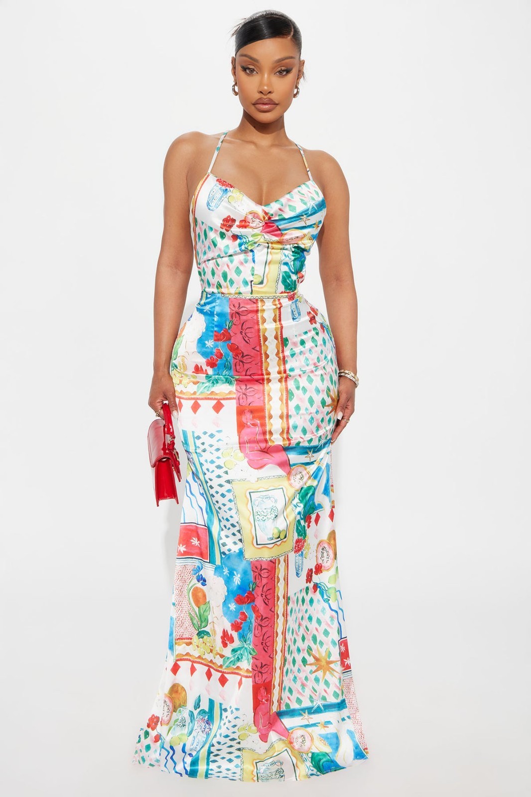 Adah Backless Satin Maxi Dress XL Colorful Scarf Print Amalfi Coast Fashion Nova
