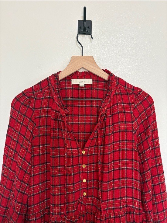 Ann Taylor LOFT Metallic Tartan Plaid Tiered A-Line Dress Holiday Red Small