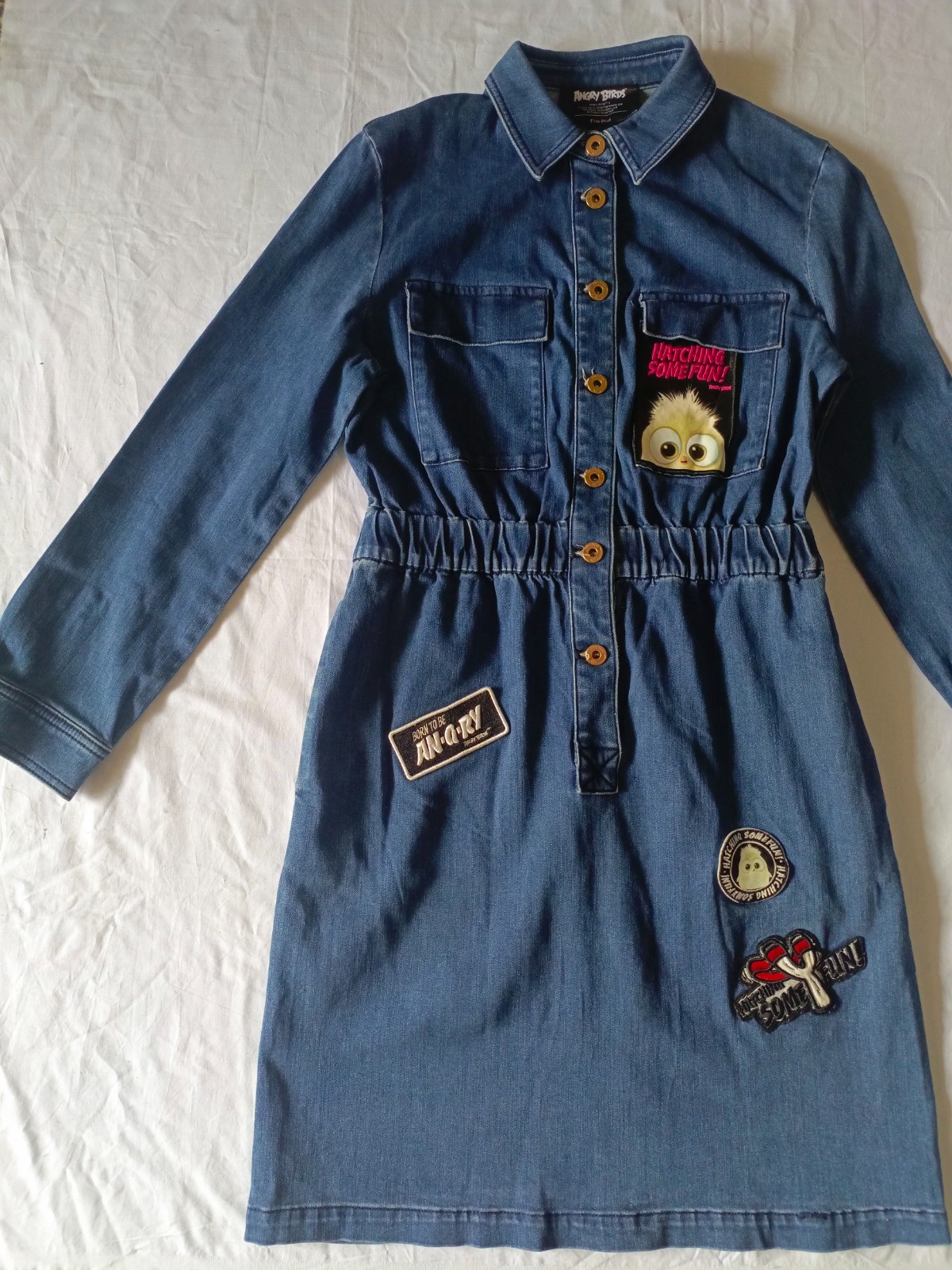 Five Plus Angry Birds Jeans Dress Denim Button Front Midi Utility Dress Size