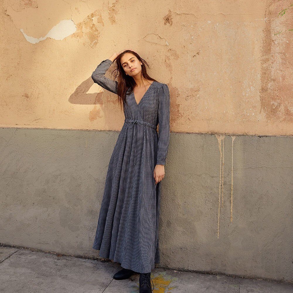 Christy Dawn Audrey Maxi Dress Navy Blue Check Plaid Size Small