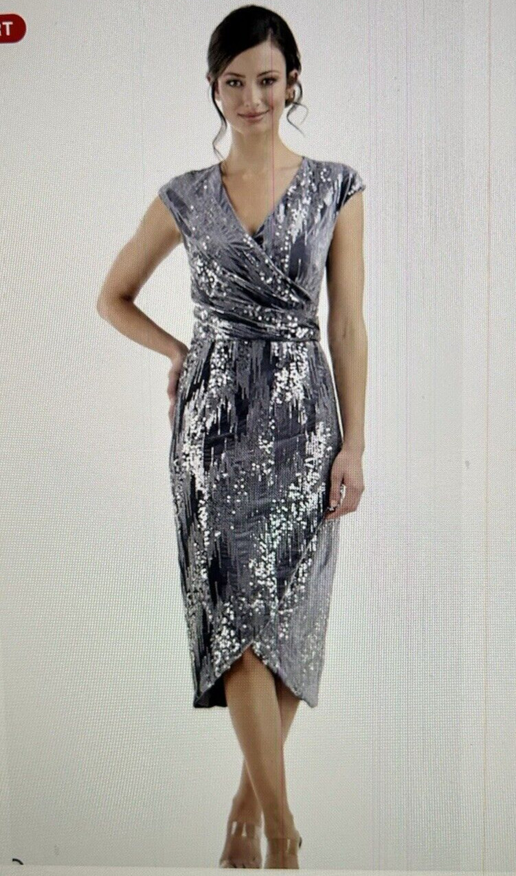 JS Collections June Sequin Velvet Faux Wrap Cocktail Dress in Gray/Silver Sz 16