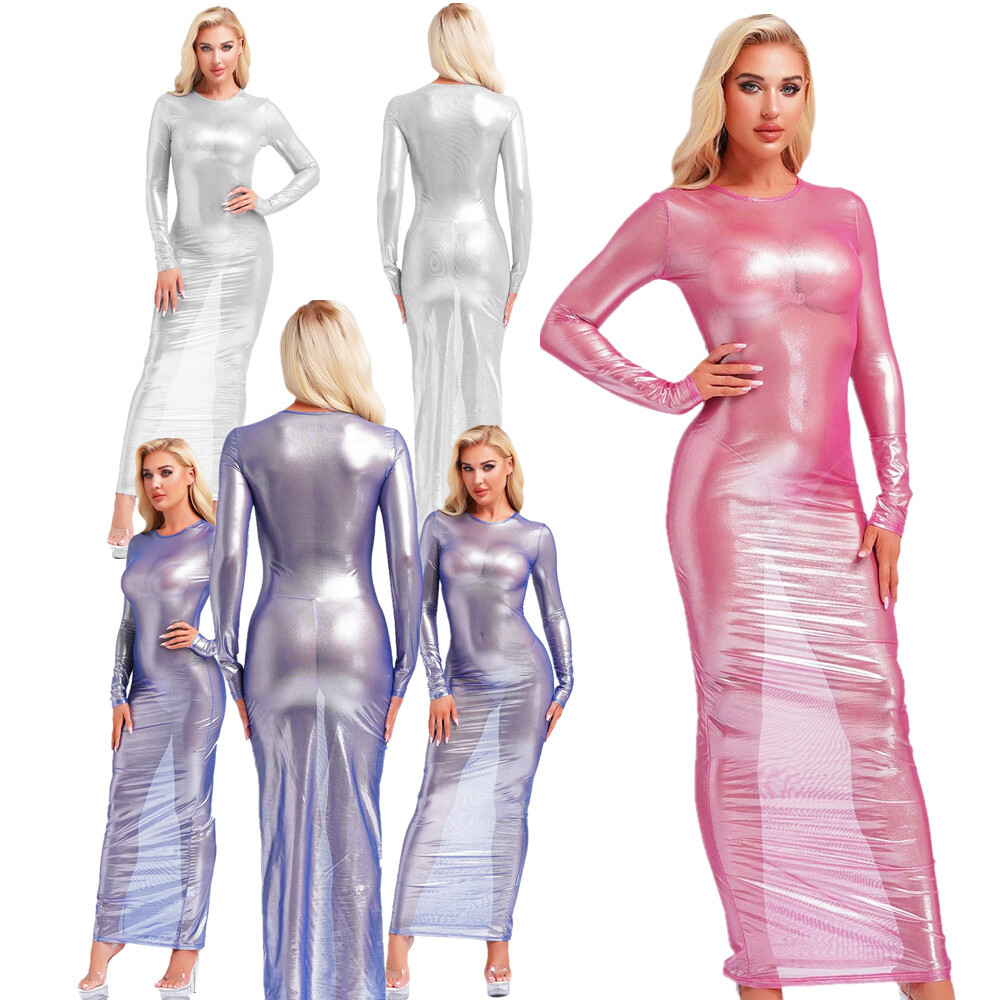 US YiZYiF Women Shiny See Through Long Sleeve Tights Maxi Dress Party Nightclub