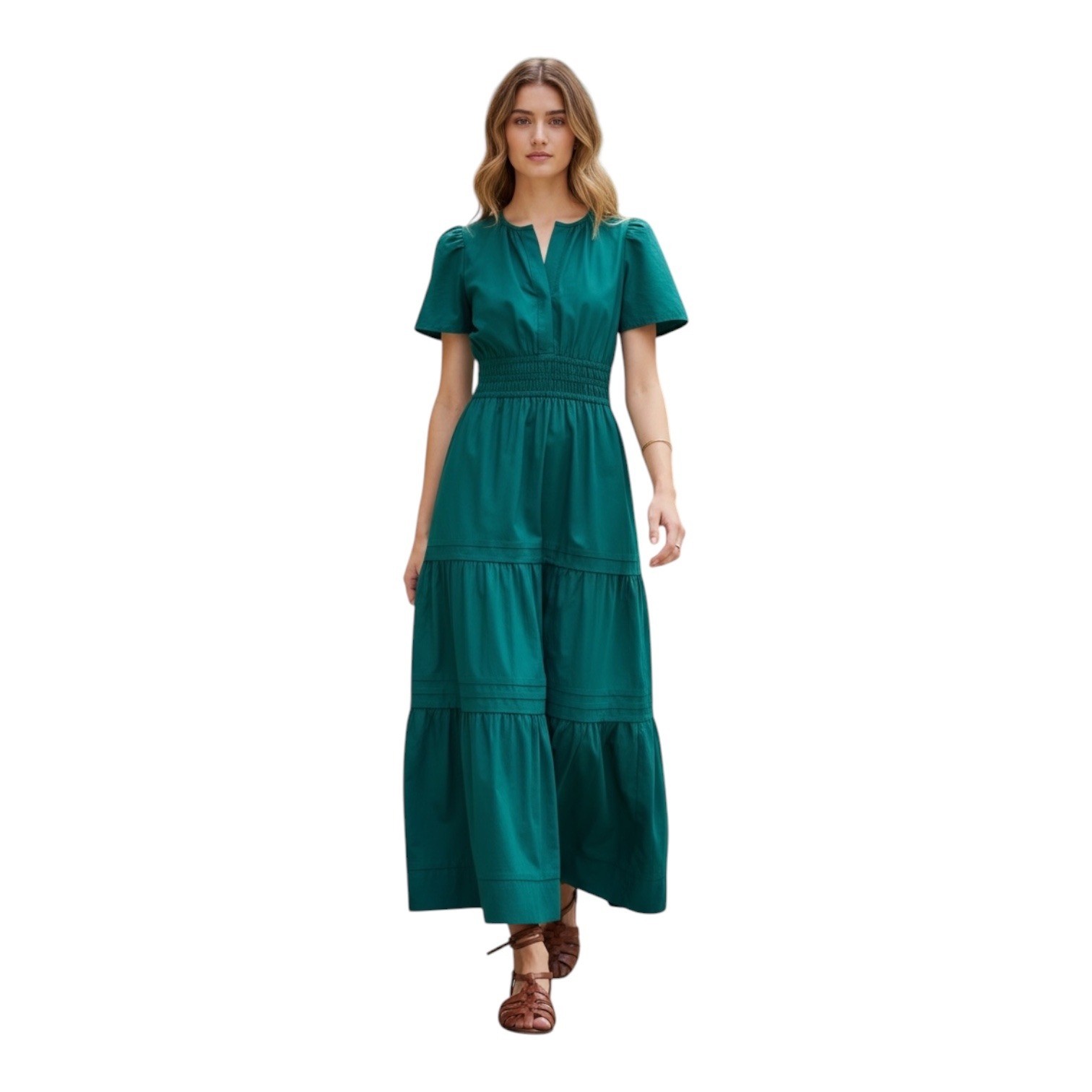 Quince Organic Cotton Poplin Smocked Maxi Dress Green Puff Sleeve Tiered Small