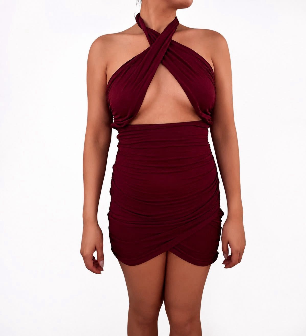 Women’s Burgundy Halter Cut Out Ruched Stretch Bodycon Mini Dress Size S