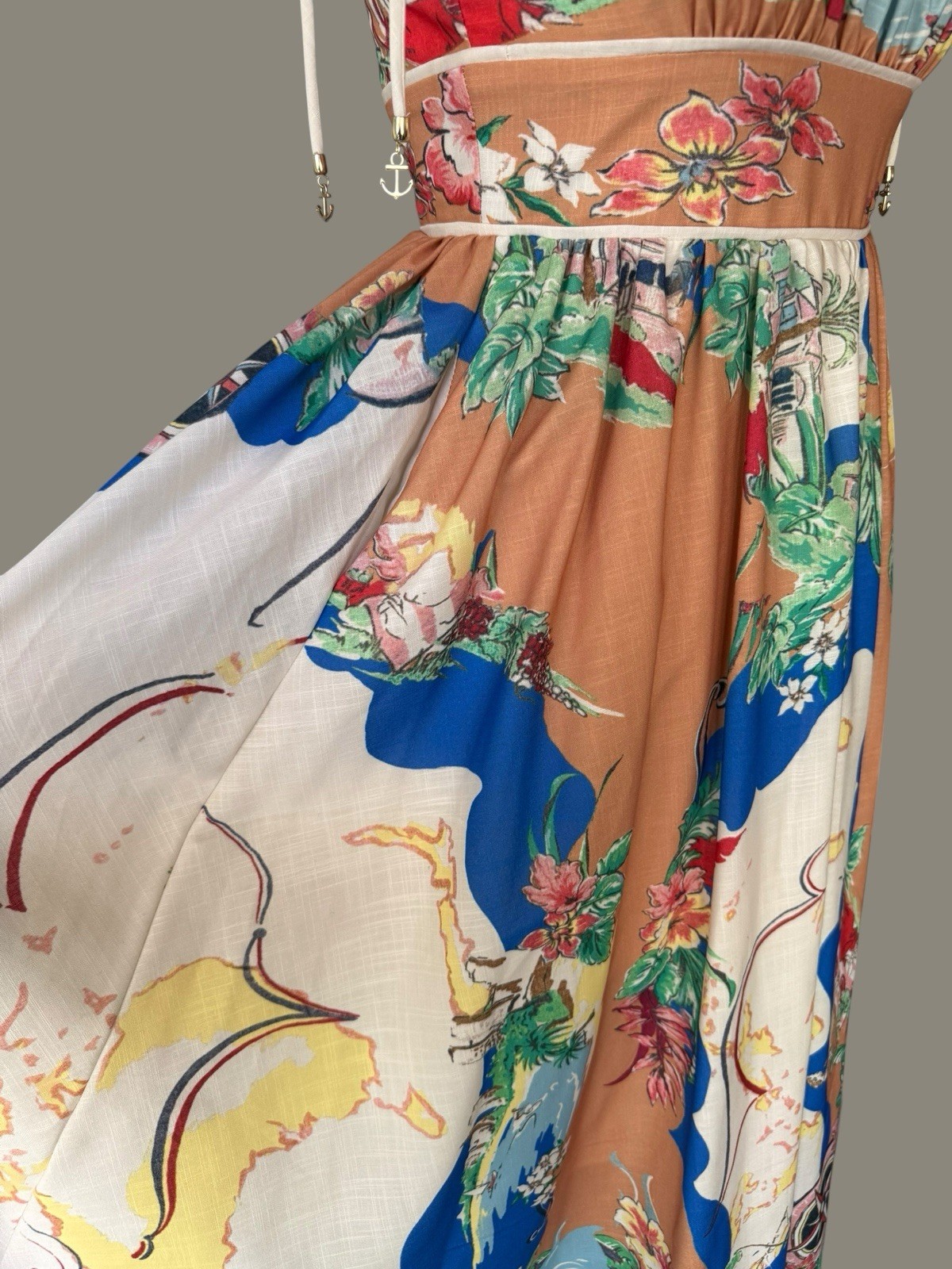 Summer Dress with Nautical Map Print Sz Small Cotton Linen So Pretty