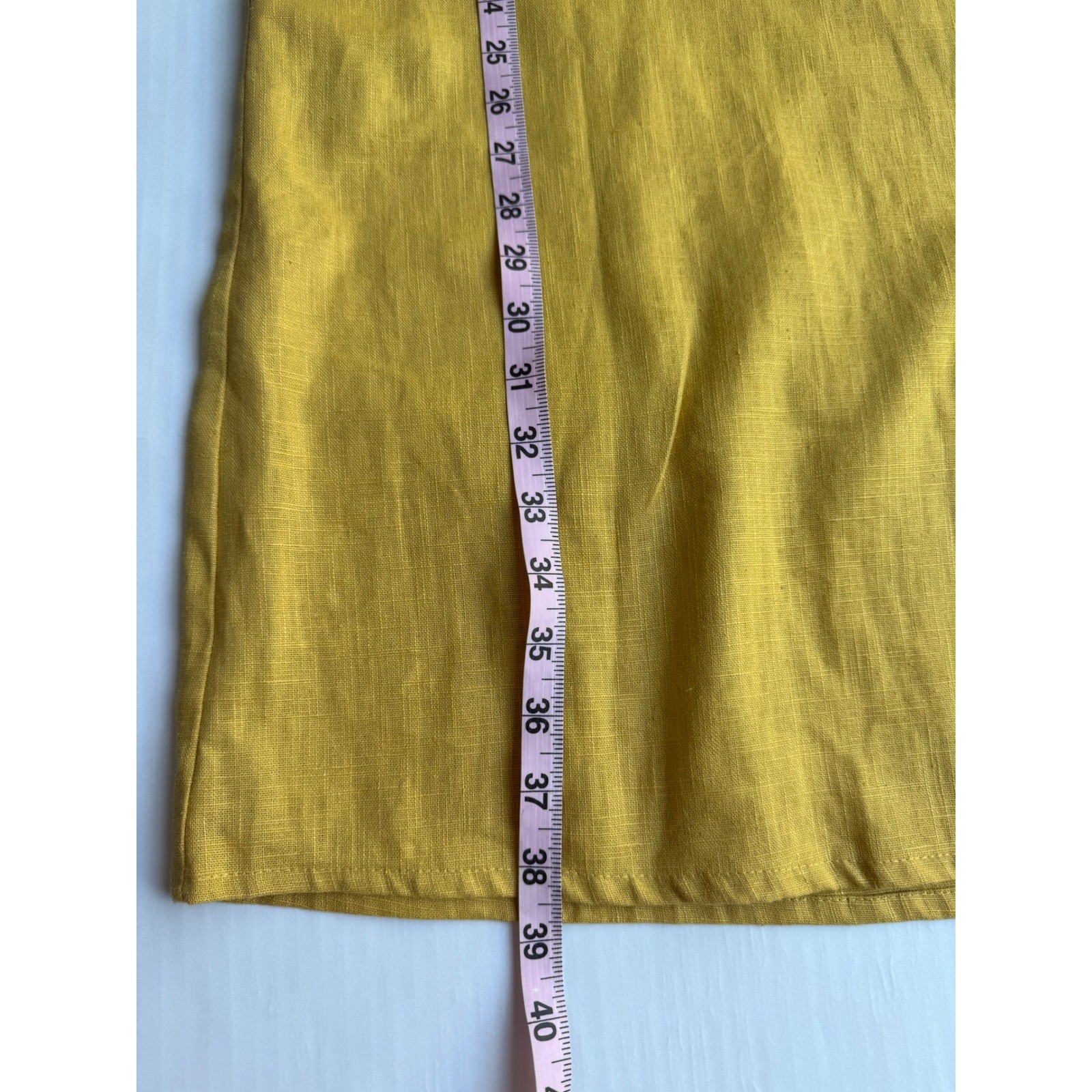 ⁠LeMuse Lithuania Mustard Yellow Linen Cotton Roll Collar Shift Midi Dress M