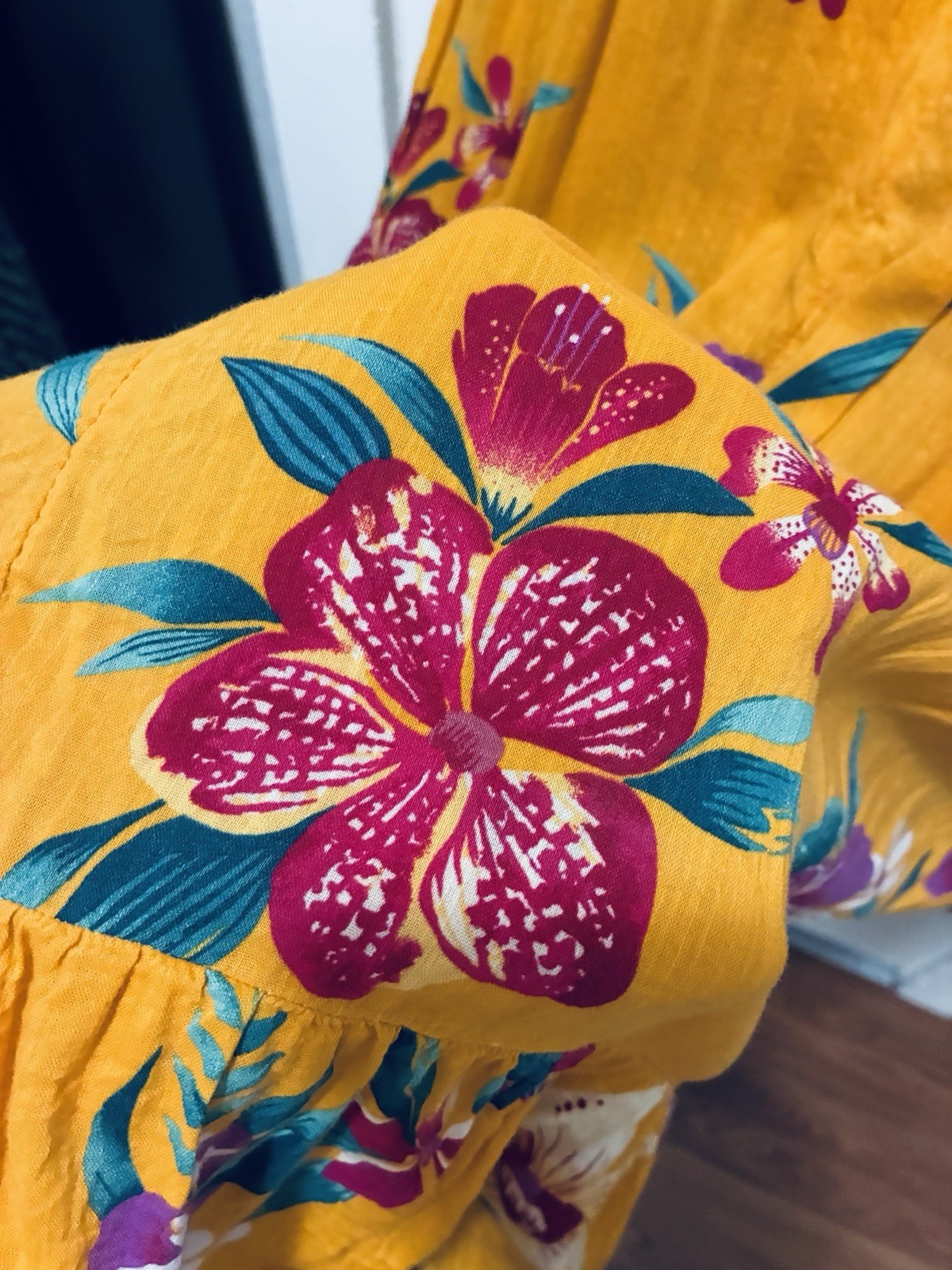 Old Navy Mustard Hawaiian Tropical Cotton Belt Cami Sun Dress Midi Resort L Luau