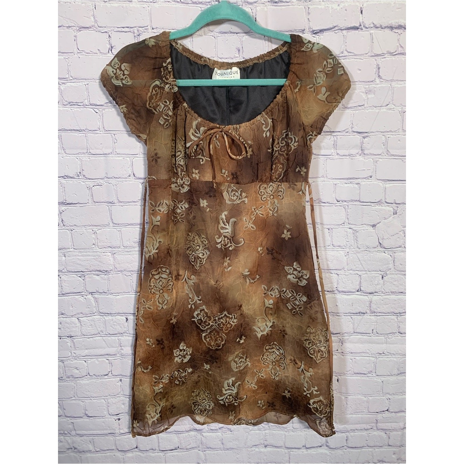 Younique Y2K Scoop Neck Short Sleeve Mini Dress Brown Floral Sz 5/6 Forest Fairy