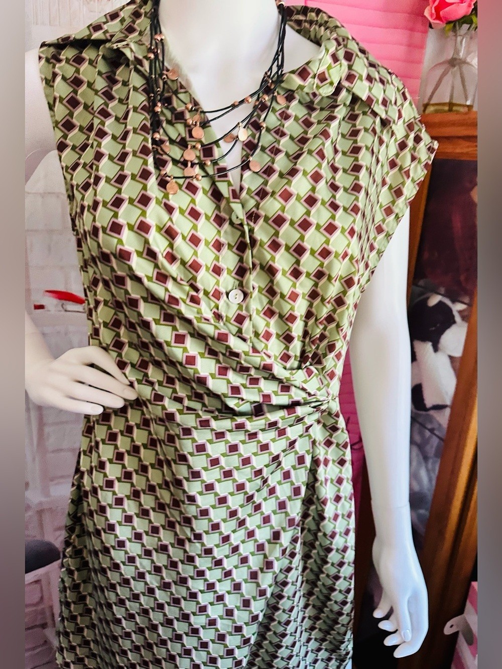 Mango Retro Green & Brown Geometric Mini Dress