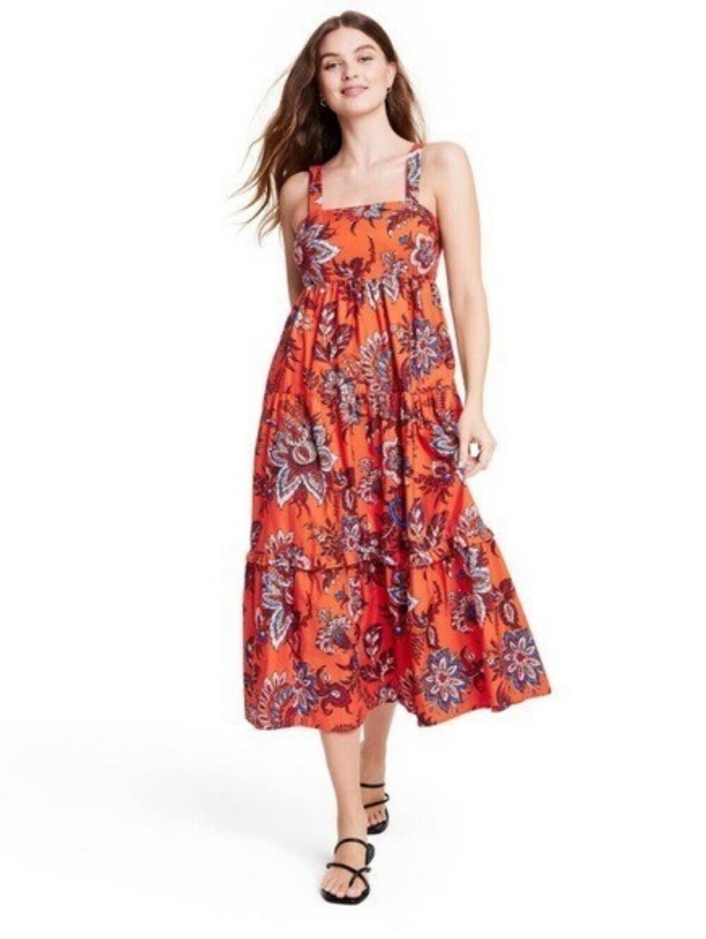 Rhode for Target – Orange Floral Tiered Midi Cotton Sundress – Medium NWT