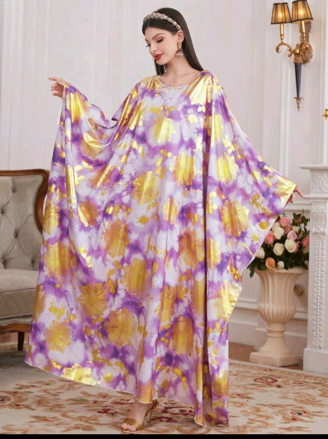 Purple Gold White Abstract Satin Maxi Kaftan Dress Batwing Sleeve . One Size