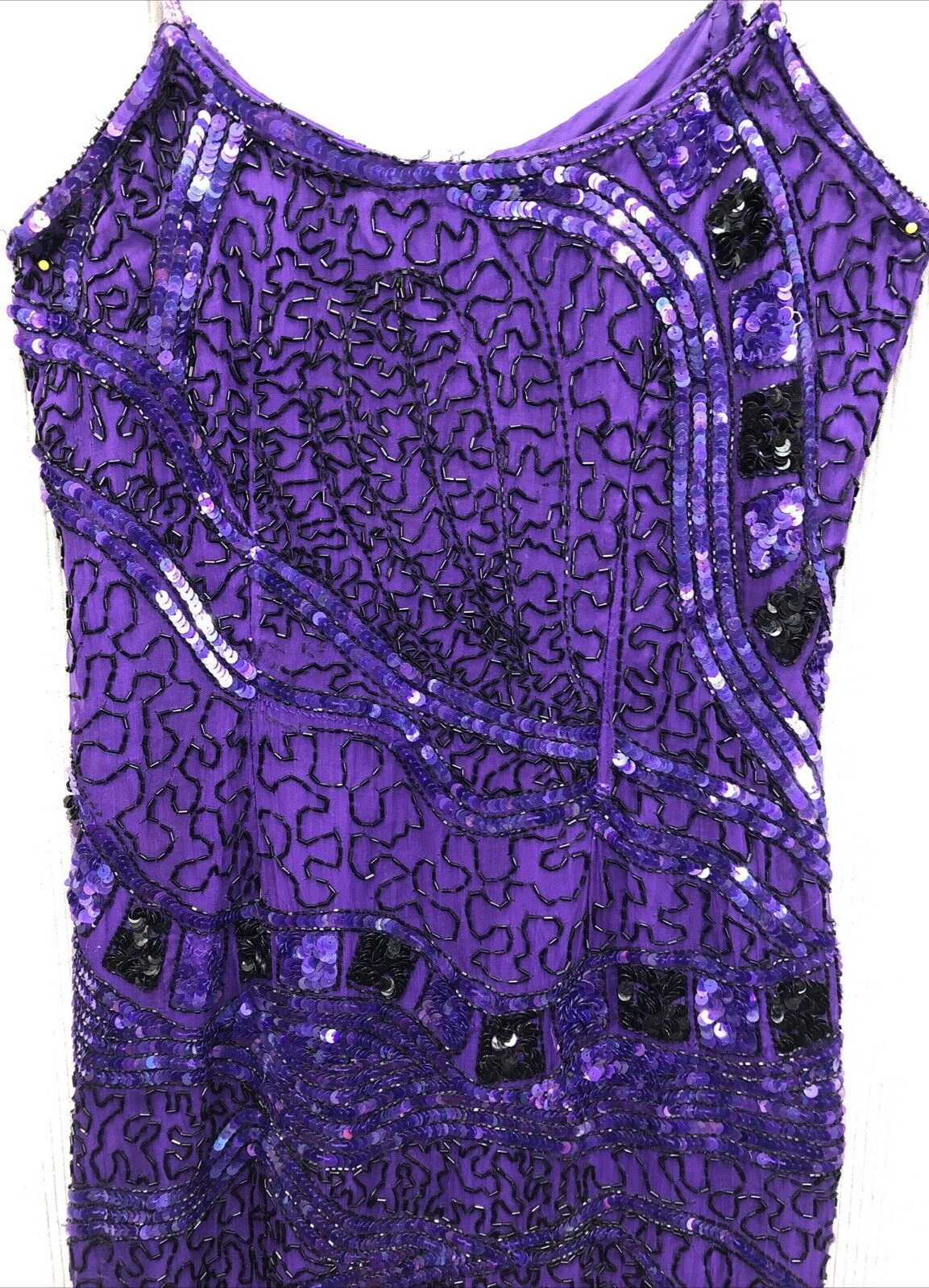 Vintage SWEELO Slip Dress Size Unknown Purple Sequin 100% Silk Spaghetti Strap