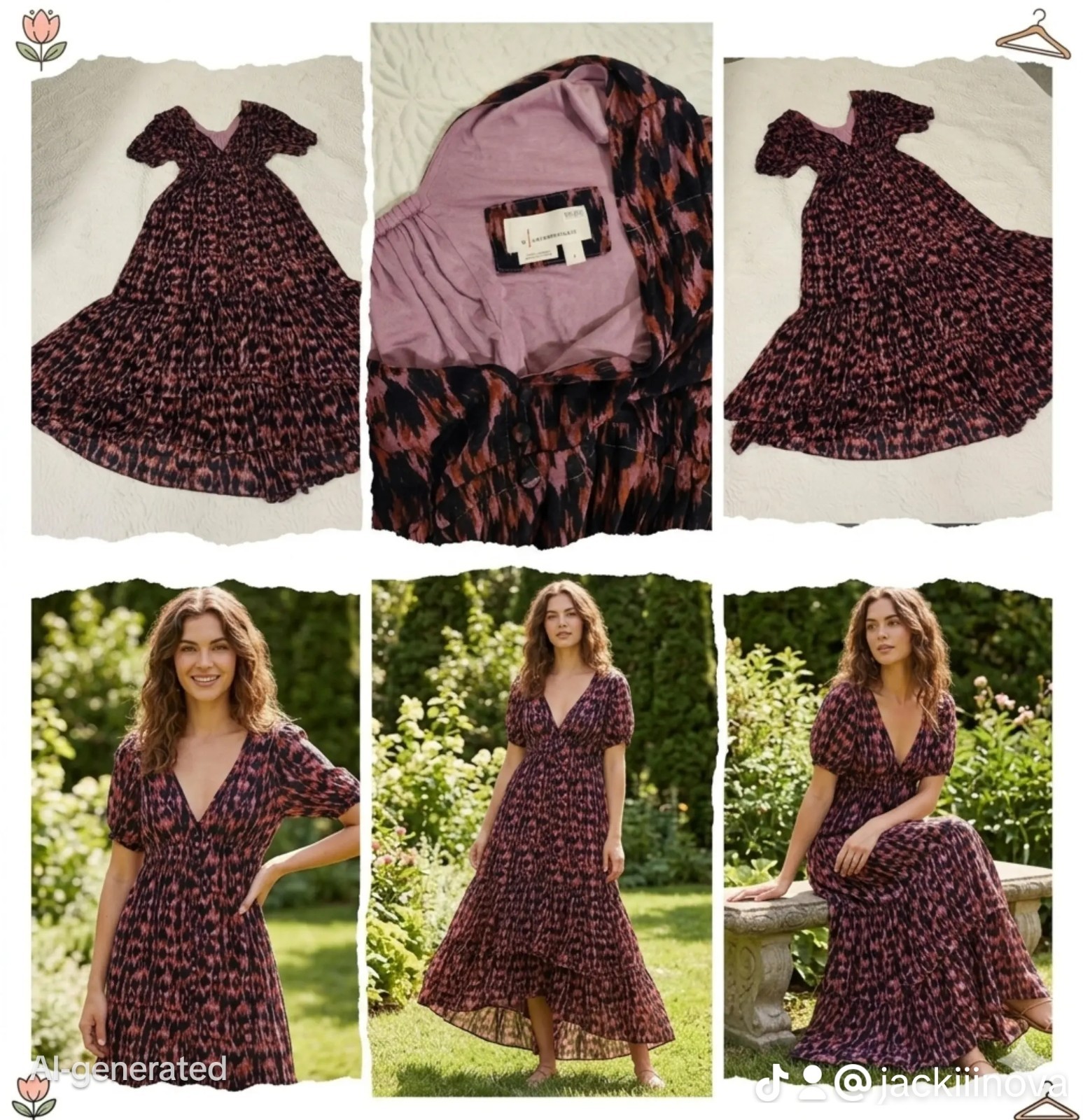Anthropologie Purple Printed Ruched-Sleeve Mesh Lined Maxi Dress Petites Sz S