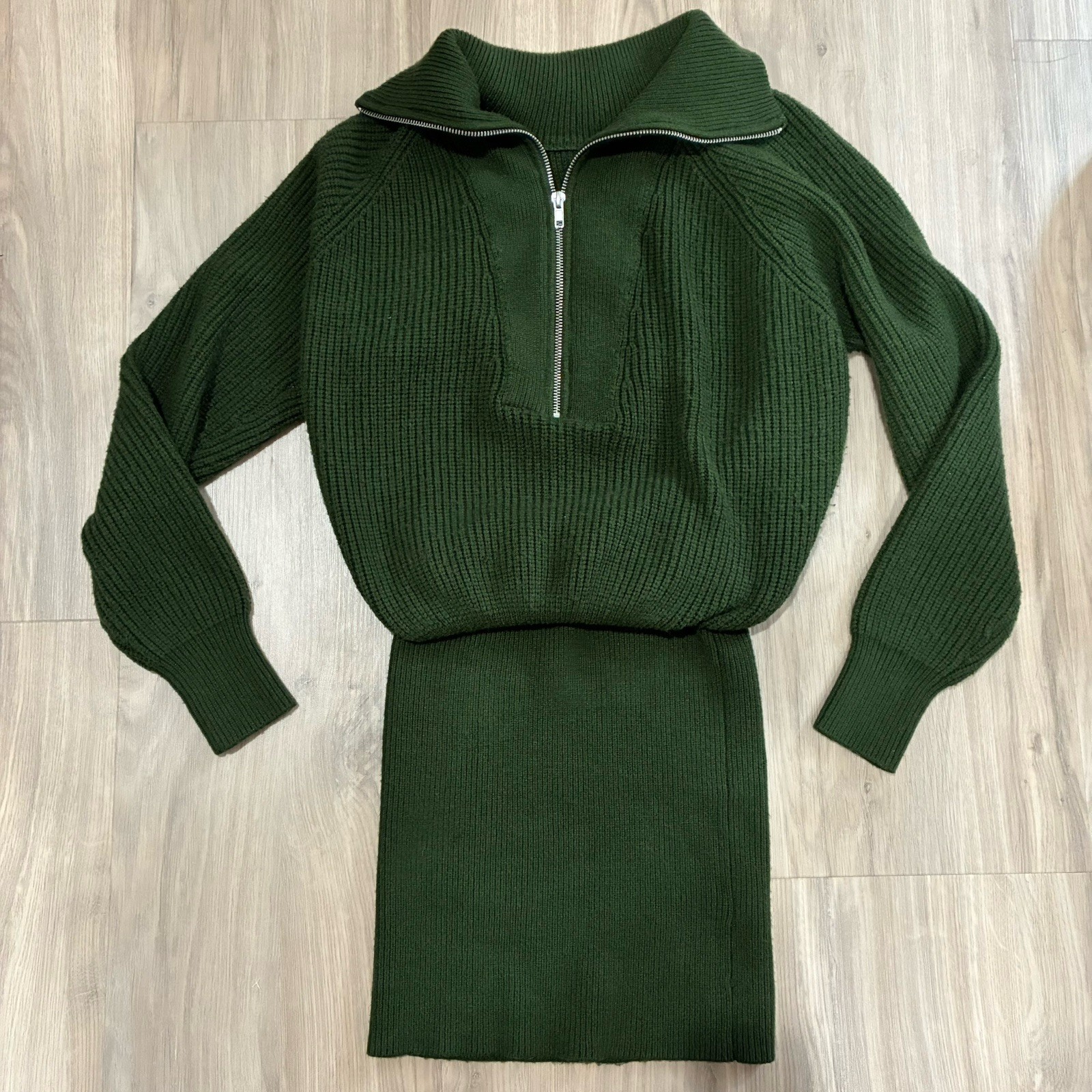 Fashion Nova Sweater Dress Green Mini Size Small 1/4 Zip Long Sleeves Bodycon