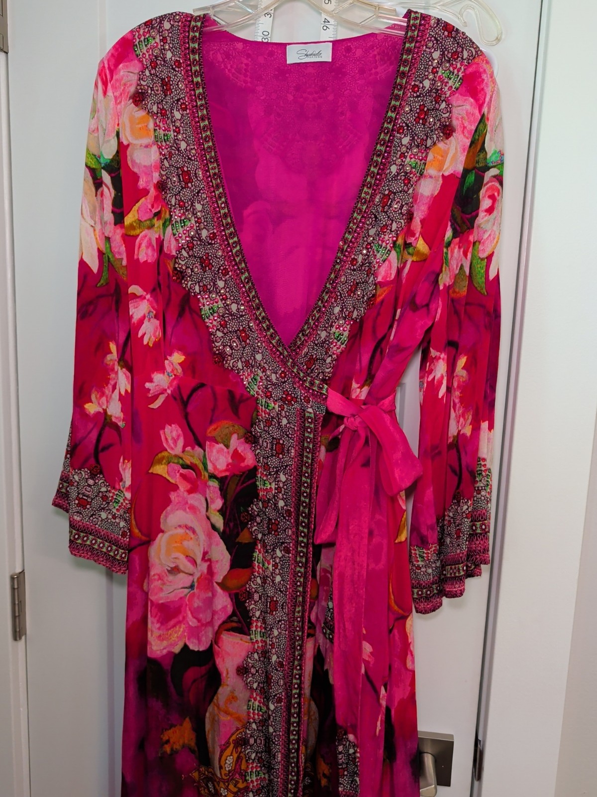 SHAHIDA PARIDES Rhinestone Beaded Wrap Maxi Dress Silk Sz M/L Floral Print Pink