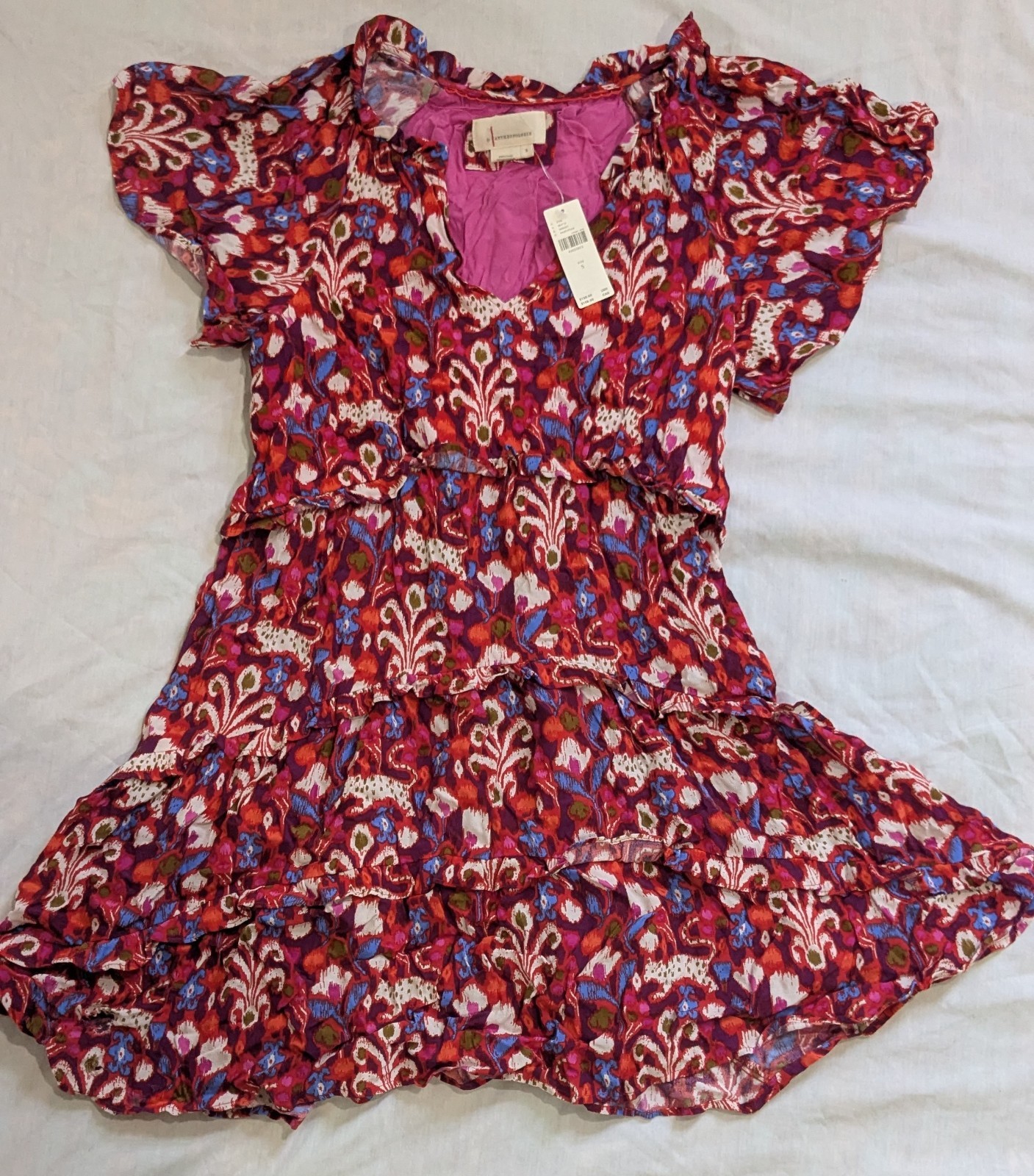 By Anthropologie Robin Tiered Mini Dress in Red Raspberry, size S New Damaged