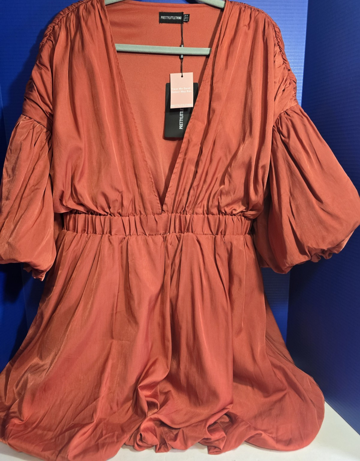 PrettyLittleThing Rust Copper Puff Sleeve Bubble Hem Babydoll Dress NWT Size 12