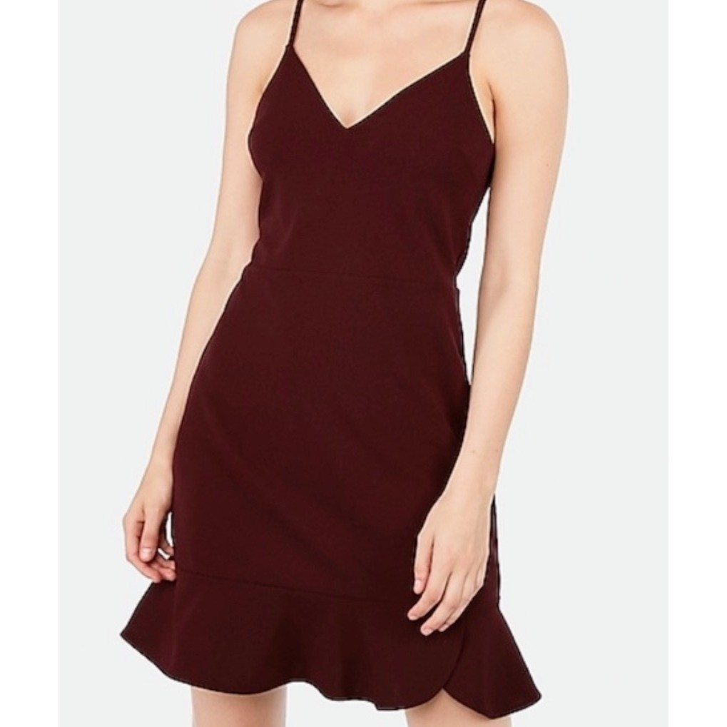 Express Burgundy V-Neck Mini Dress with Tulip Ruffle Hem Maroon Size M